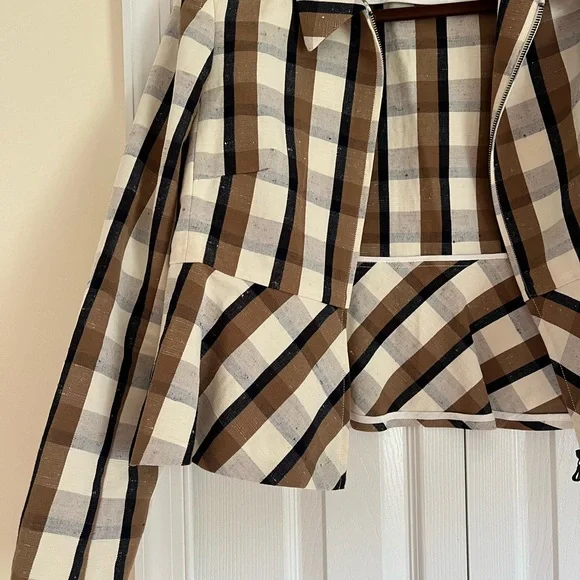 LELA ROSE Plaid Linen & Cotton Crop Jacket in Natural Multi